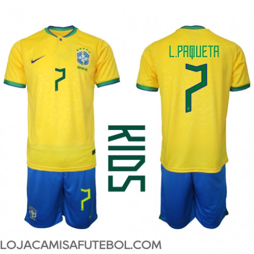 Camisa de Futebol Brasil Lucas Paqueta #7 Equipamento Principal Infantil Mundo 2022 Manga Curta (+ Calças curtas)